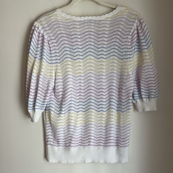 LOFT Striped Pointelle Puff Sleeve Sweater Tee knit Women Pastel Wave Sweater M - Picture 7 of 8